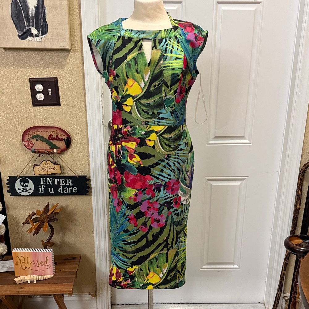Beige by eci Tropical Print Dress - Green and Red